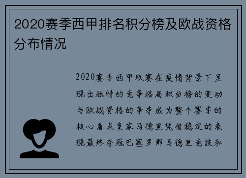 2020赛季西甲排名积分榜及欧战资格分布情况